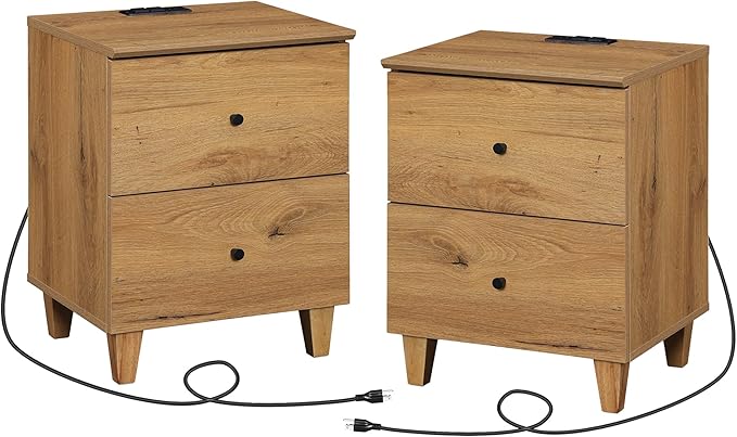 Nightstands with Charging Station & 2 Drawers Storage, Modern End Tables Mid-Century