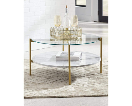 Wynora Contemporary Round Coffee Table with Glass & Faux Marble, White & Gold