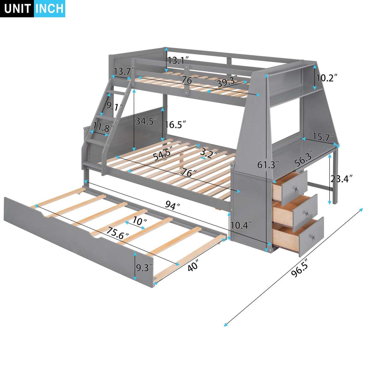 Twin Over Full Bunk Bed with Trundle and Built-in Desk, Solid Wood Bunk Bed Frame