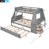 Twin Over Full Bunk Bed with Trundle and Built-in Desk, Solid Wood Bunk Bed Frame