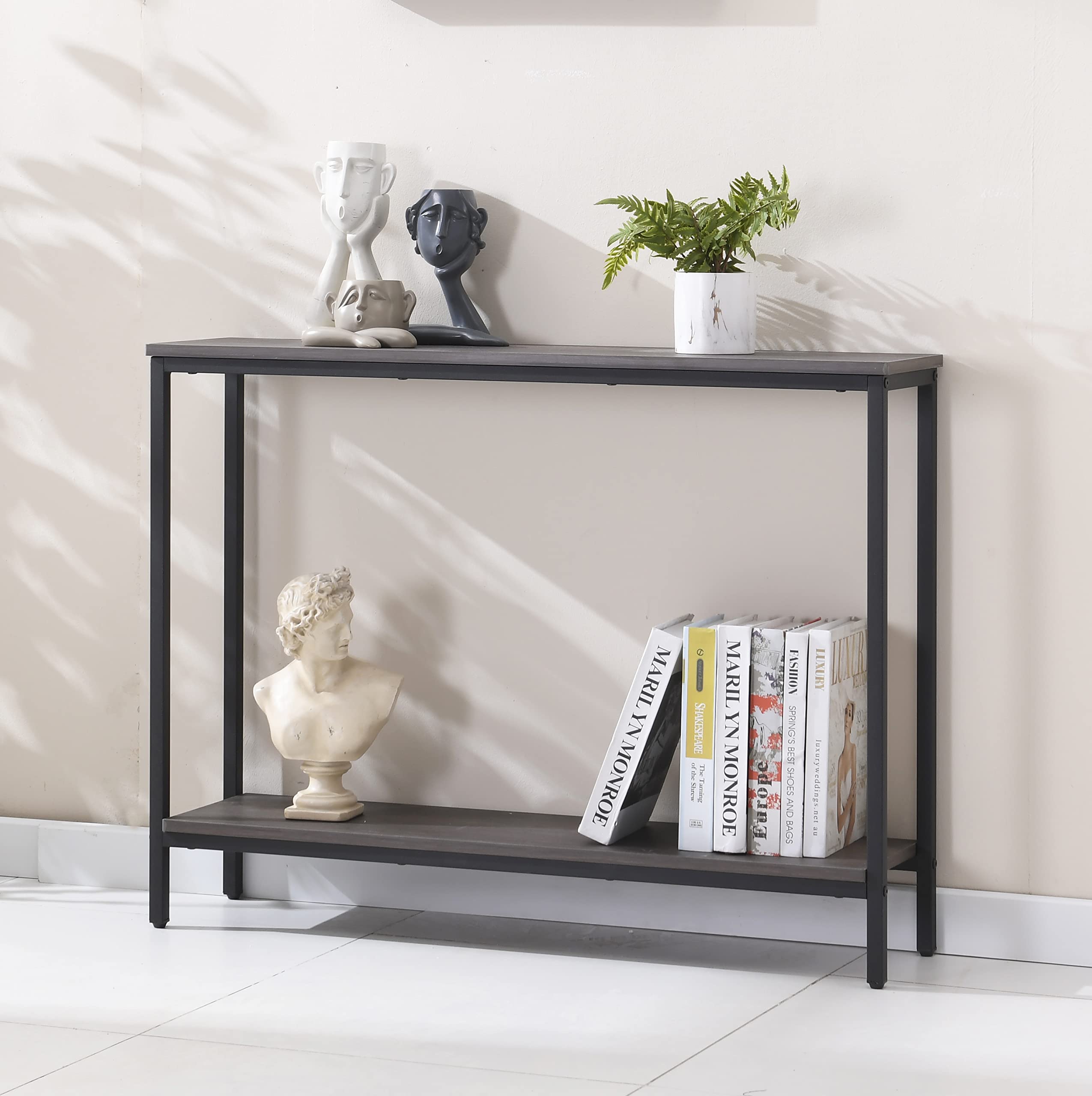 Modern Industrial Sofa Console Table for Living Room, Office (Dark Grey, Double Layer)