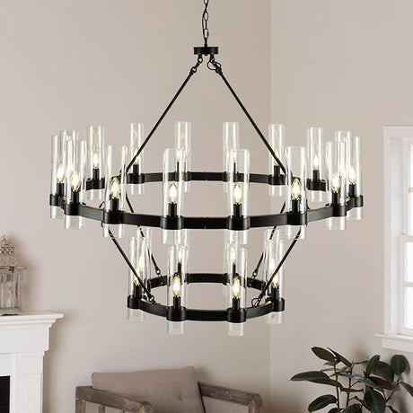 26 Inch Black Wagon Wheel Chandelier with Glass Shade, 8 Lights