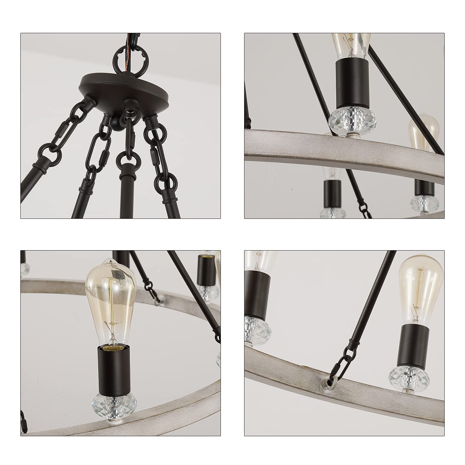 Farmhouse Wagon Wheel Chandelier 8 Light Oak White and ORB Rustic Industrial Metal