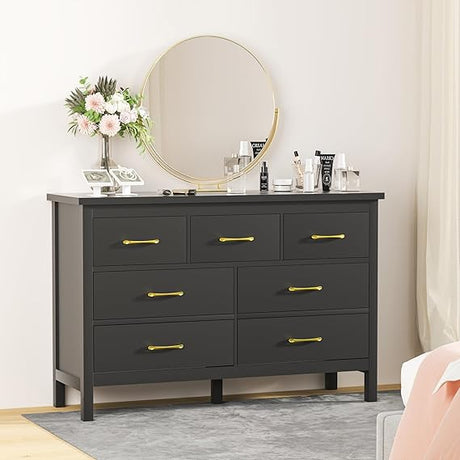 White Dresser for Bedroom, 6 Drawer Dresser Wood with Black Metal Handles