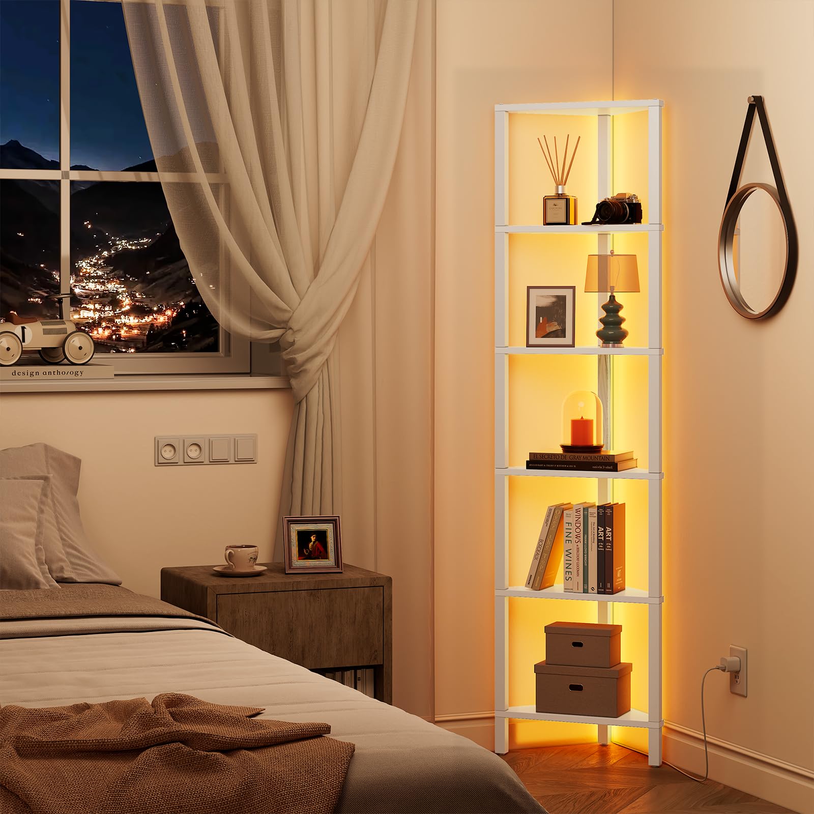 Corner Shelf with LED Light, 6-Tier Corner Bookshelf for Small Space, Narrow Display C