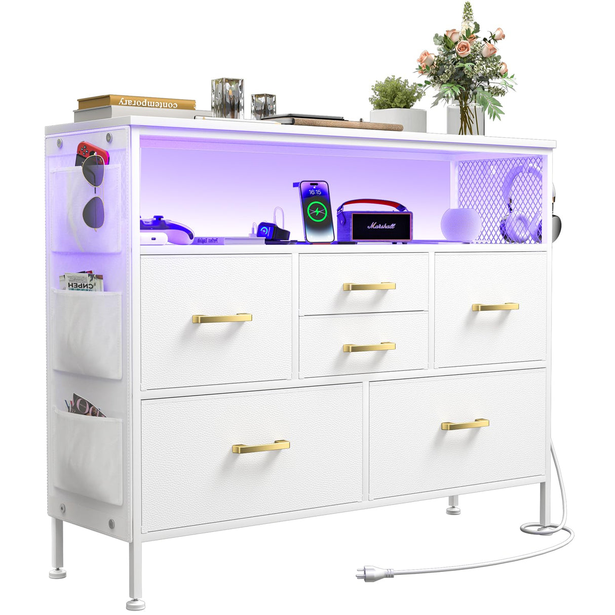 White Dresser for Bedroom Dresser, TV Stand with 6 Drawers, Bedroom Dresser with Power Outlets and LED Light, Fabric Dressers & Chests of Drawers with Shelves, Side Pockets & Hooks for 45" TV