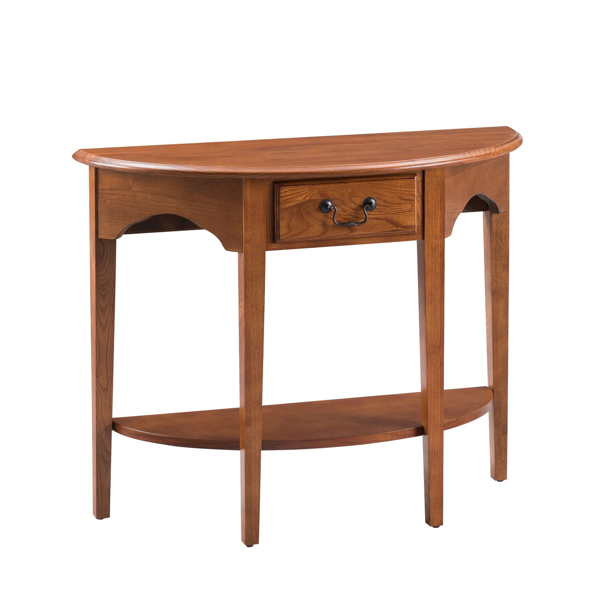 One Drawer Demilune Hall Console with Shelf, Medium Oak, 34.8" W