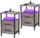 Nightstands Set of 2,Nightstand with Charging Station and RGB Lights,2 Drawers Bedside