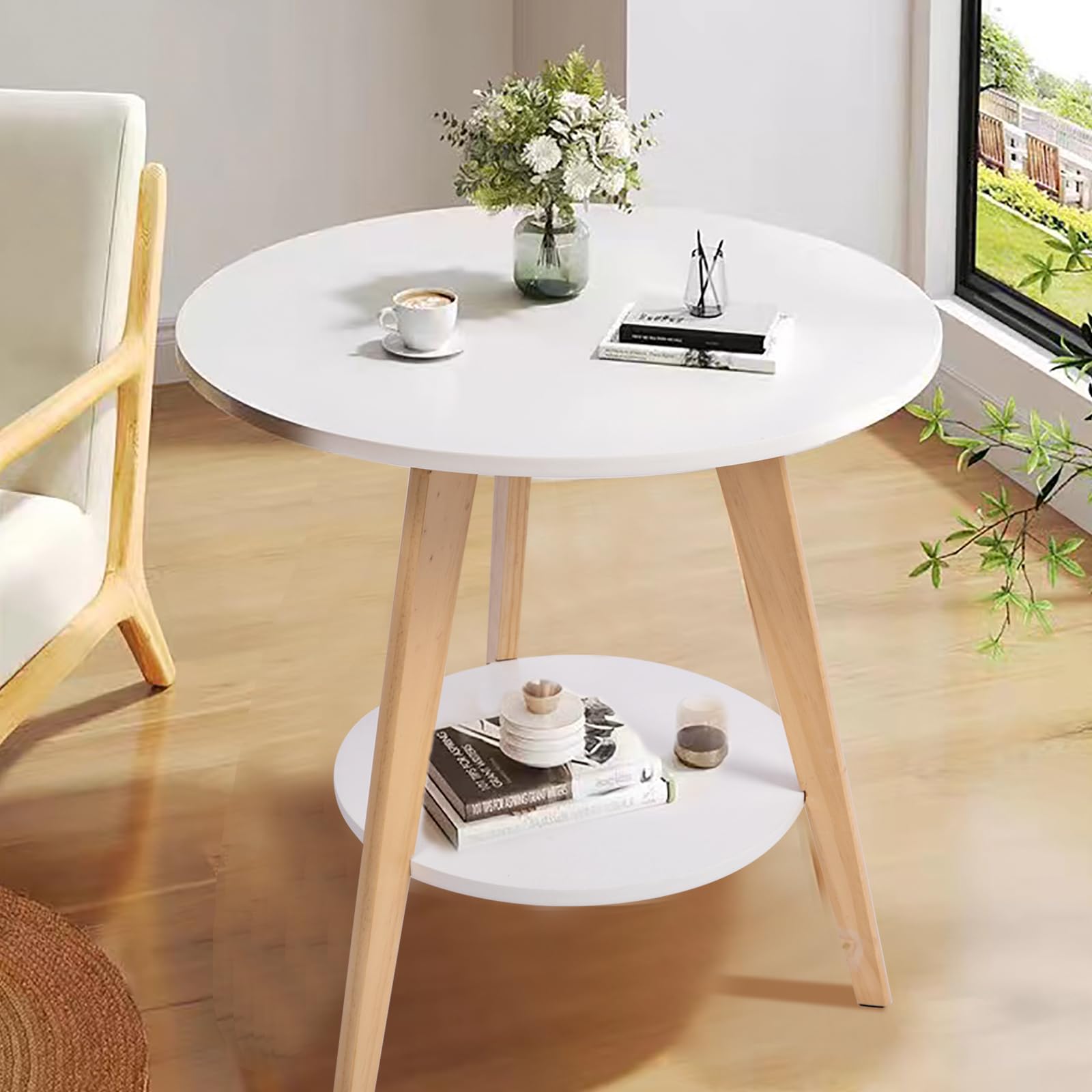Round Wooden Coffee Table, 2-Tier Modern Minimalist Design