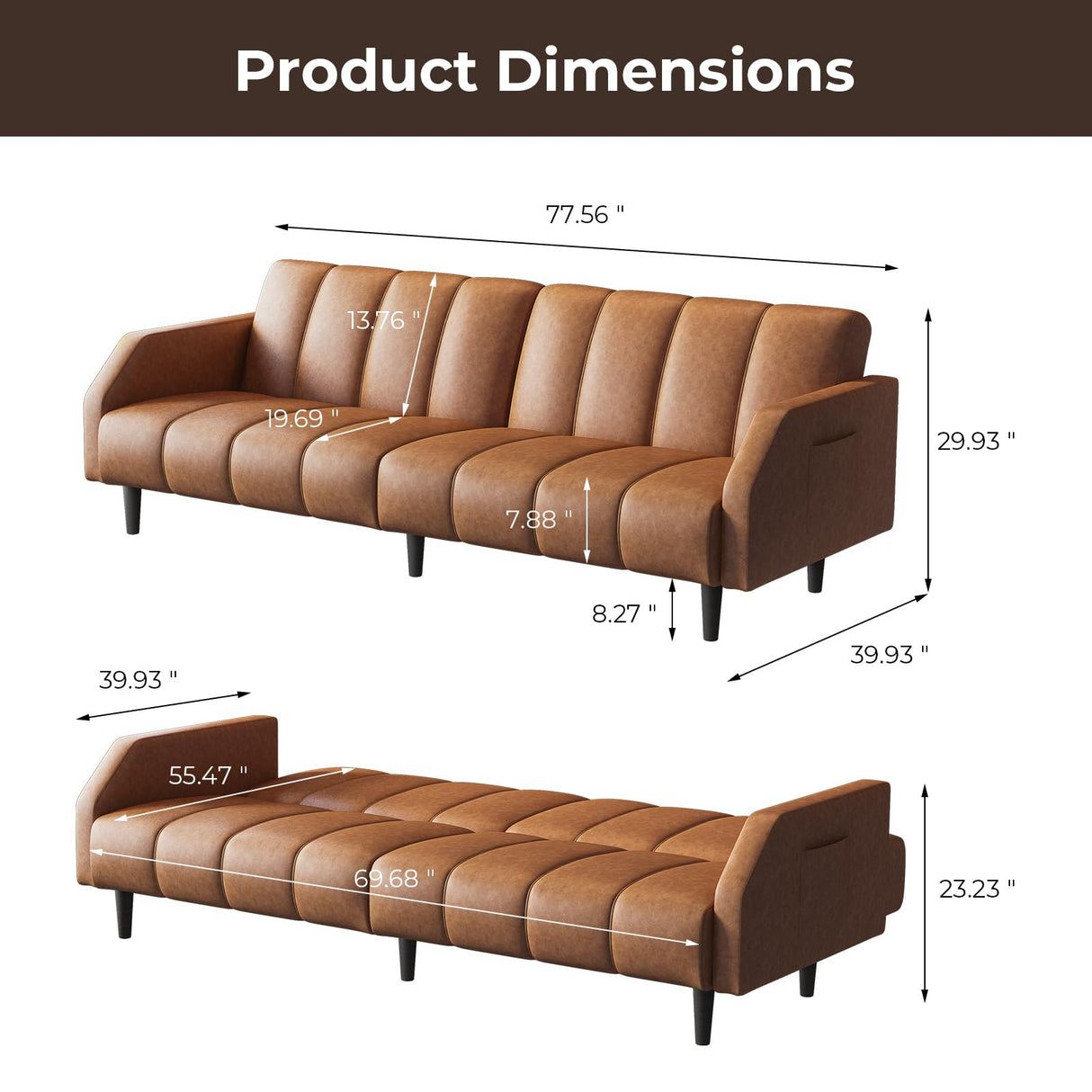 78'' Futon Sofa Bed Couch, 2 Seater Faux Leather Futon Sleeper Couches