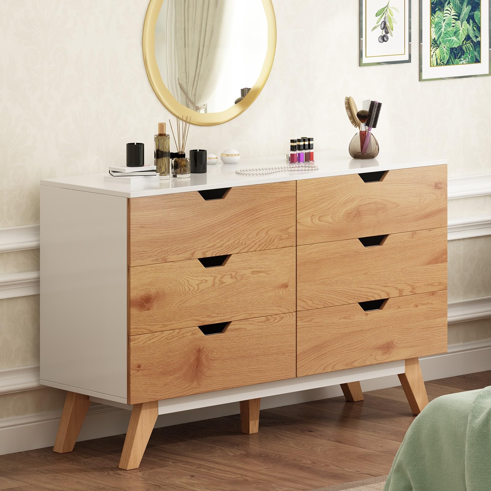 6 Drawer Dresser, Mid-Century Modern Dresser Wide 6 Chest of Drawers