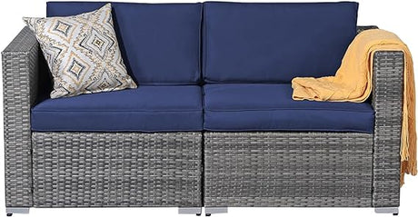 Outdoor Wicker Loveseat 2 Pieces, All Weather Grey PE Rattan Sectional Corner Sofa Set