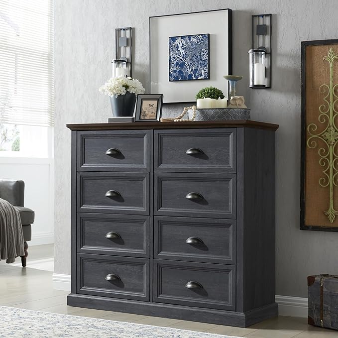 Farmhouse Nightstand with Charging Station, 3 Drawer Dresser for Bedroom