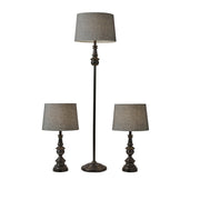 3-Piece Lamp Set with Bronze Base & Dark Herringbone Shade