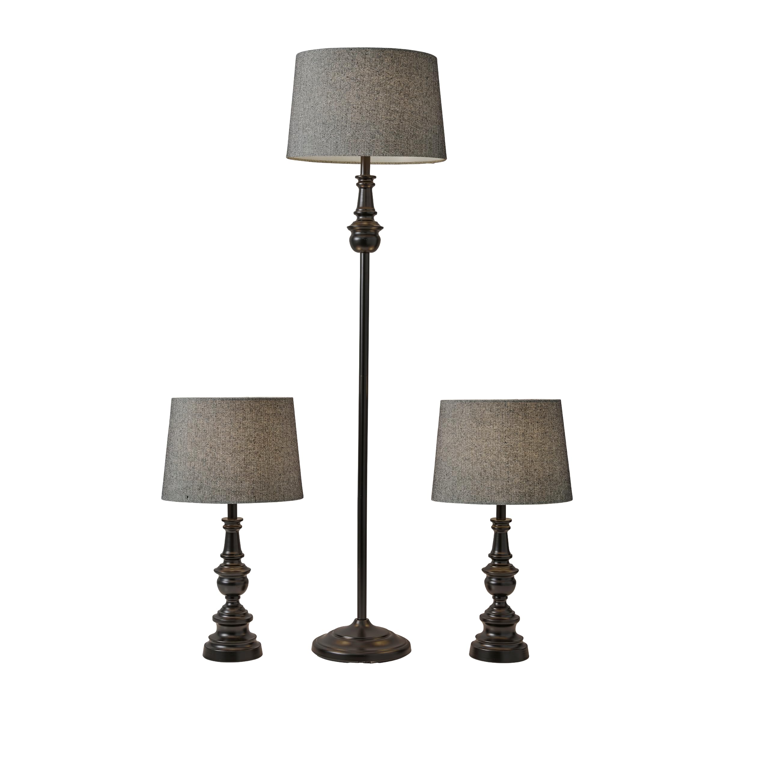 3-Piece Lamp Set with Bronze Base & Dark Herringbone Shade