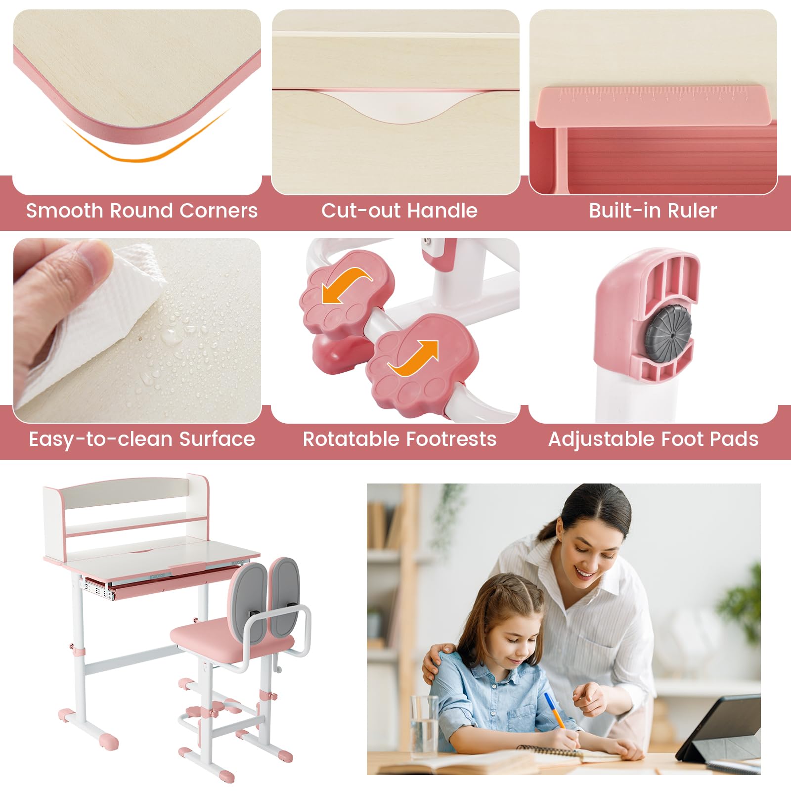 Kids Desk and Chair Set, Height Adjustable Children School Study Table