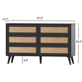 6 Drawer Double Dresser for Bedroom, Rattan Chest of Dressers, Modern Wooden Dresser Chest with Golden