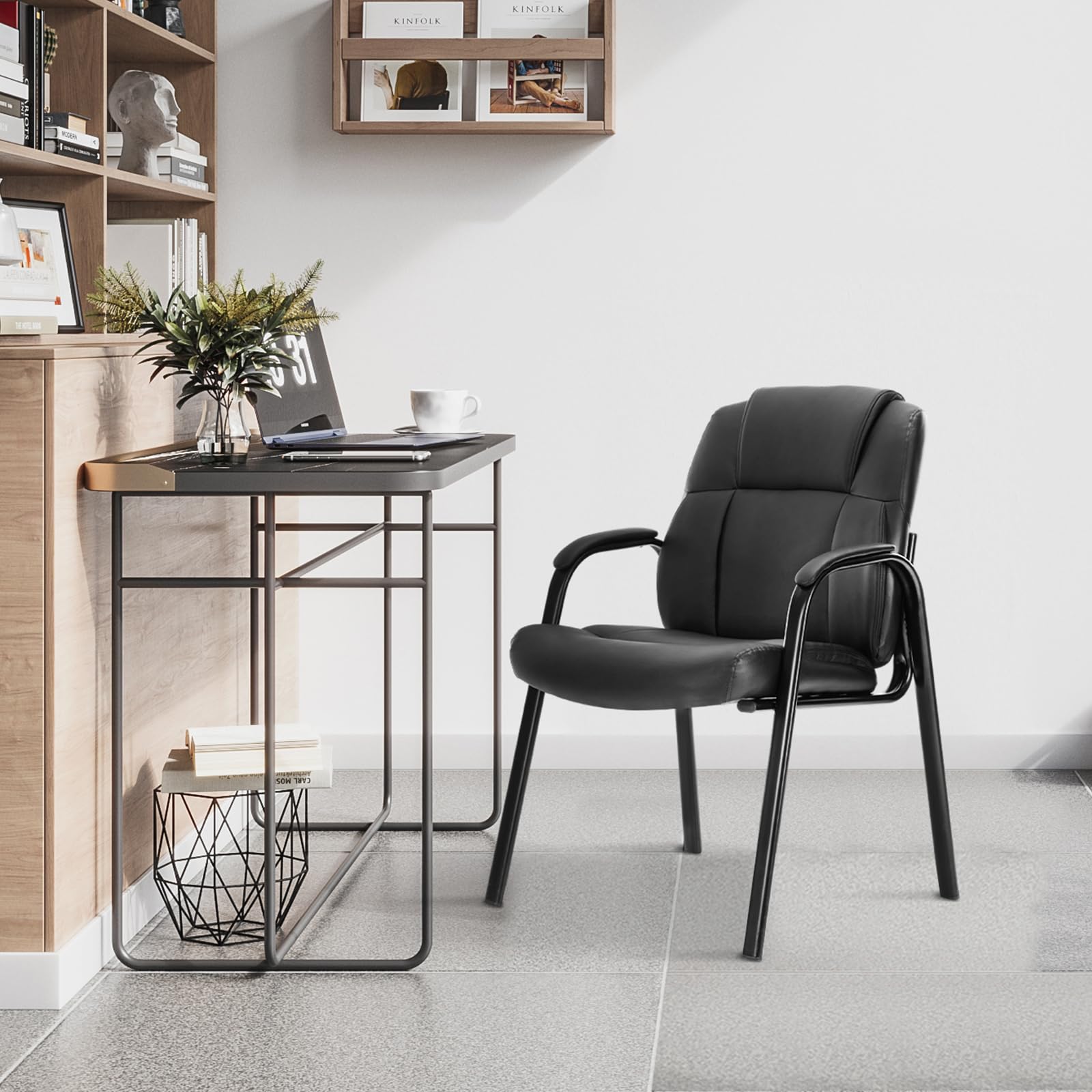 Leather Guest Chair Set of 2 with Padded Arms, Comfy Waiting Room Chairs