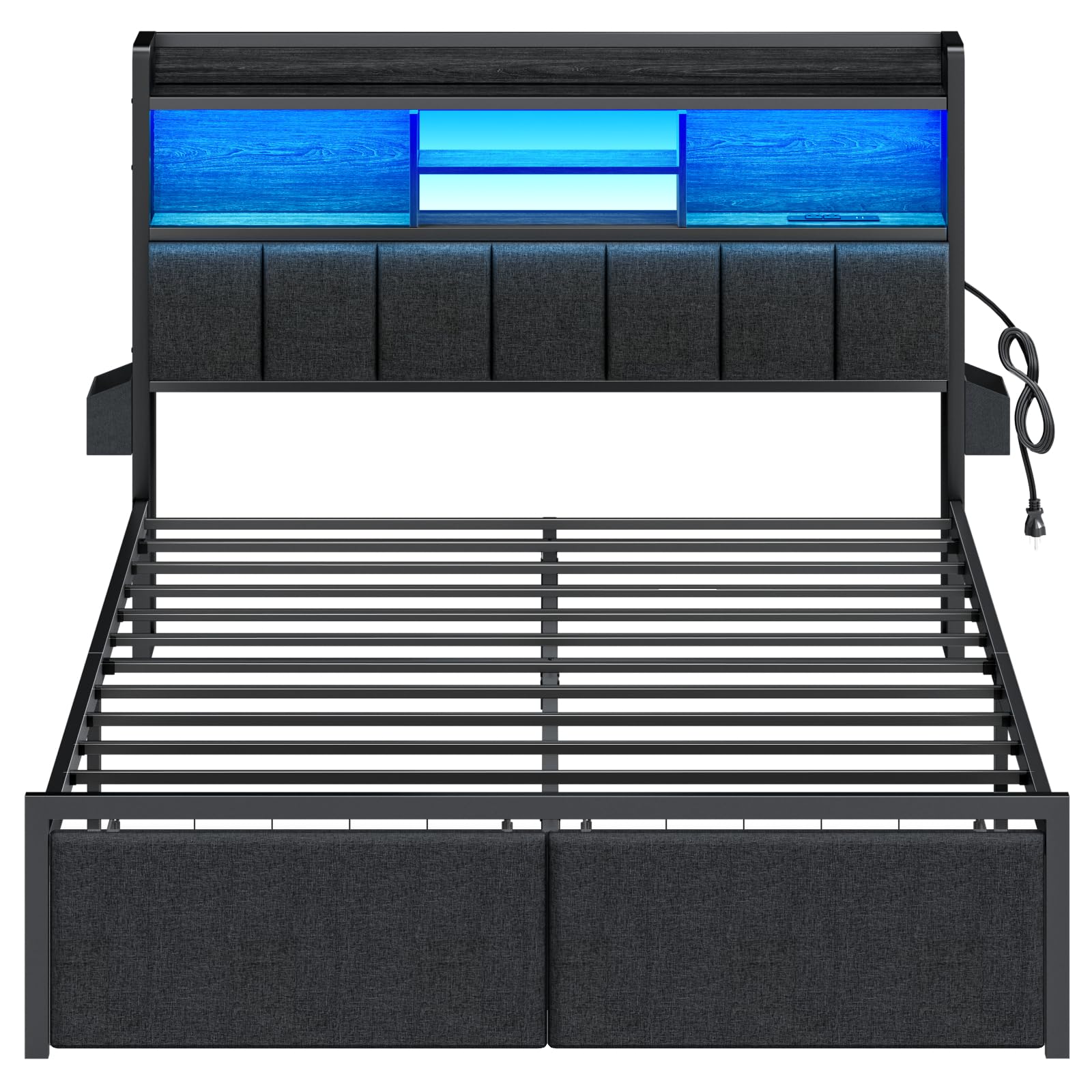 Queen Bed Frame with Storage Drawers and LED Headboard