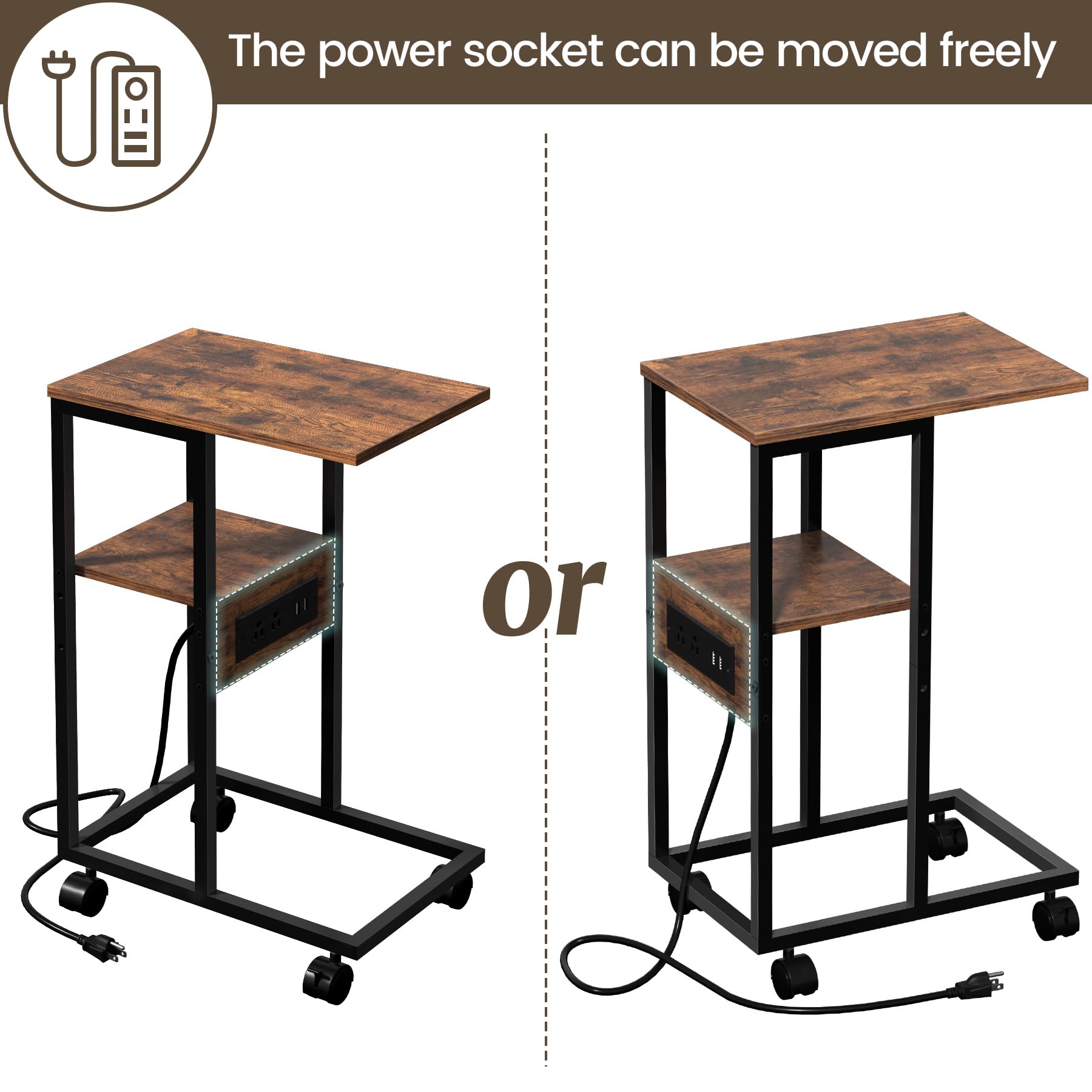 C Shaped End Table, Side Table with Charging Station, Nightstand, Sofa Table