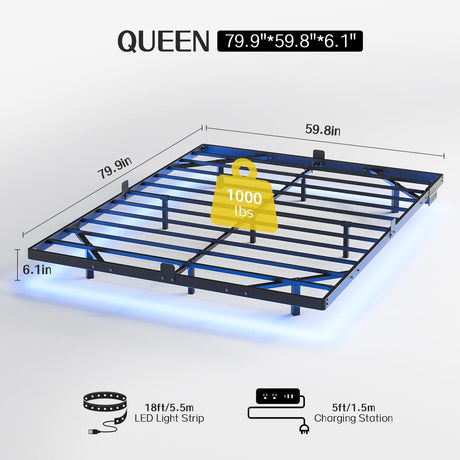 Queen Size Floating Bed Frame with LED Lights, USB Charging Station, Modern Metal Platform Bed Frame, Noise Free No Box Spring Needed and Easy Assembly