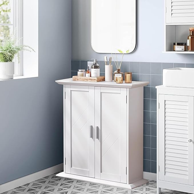 Bathroom Floor Cabinet Freestanding Storage with Double Doors and 2-Tier Adjustable Shelves