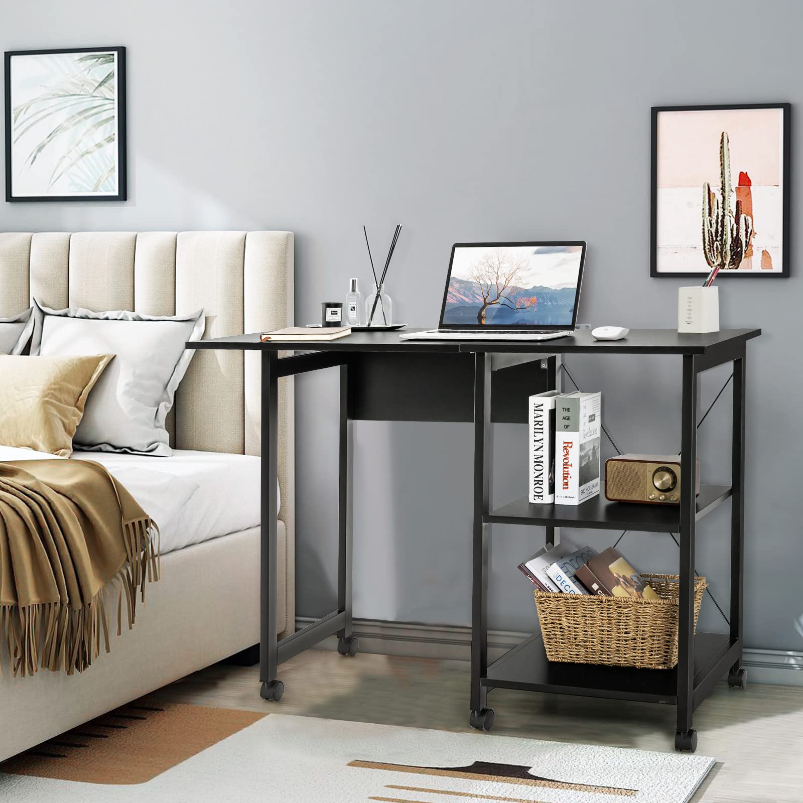 Folding Computer Desk, Modern Writing Table w/ 2-Tier Storage Shelves