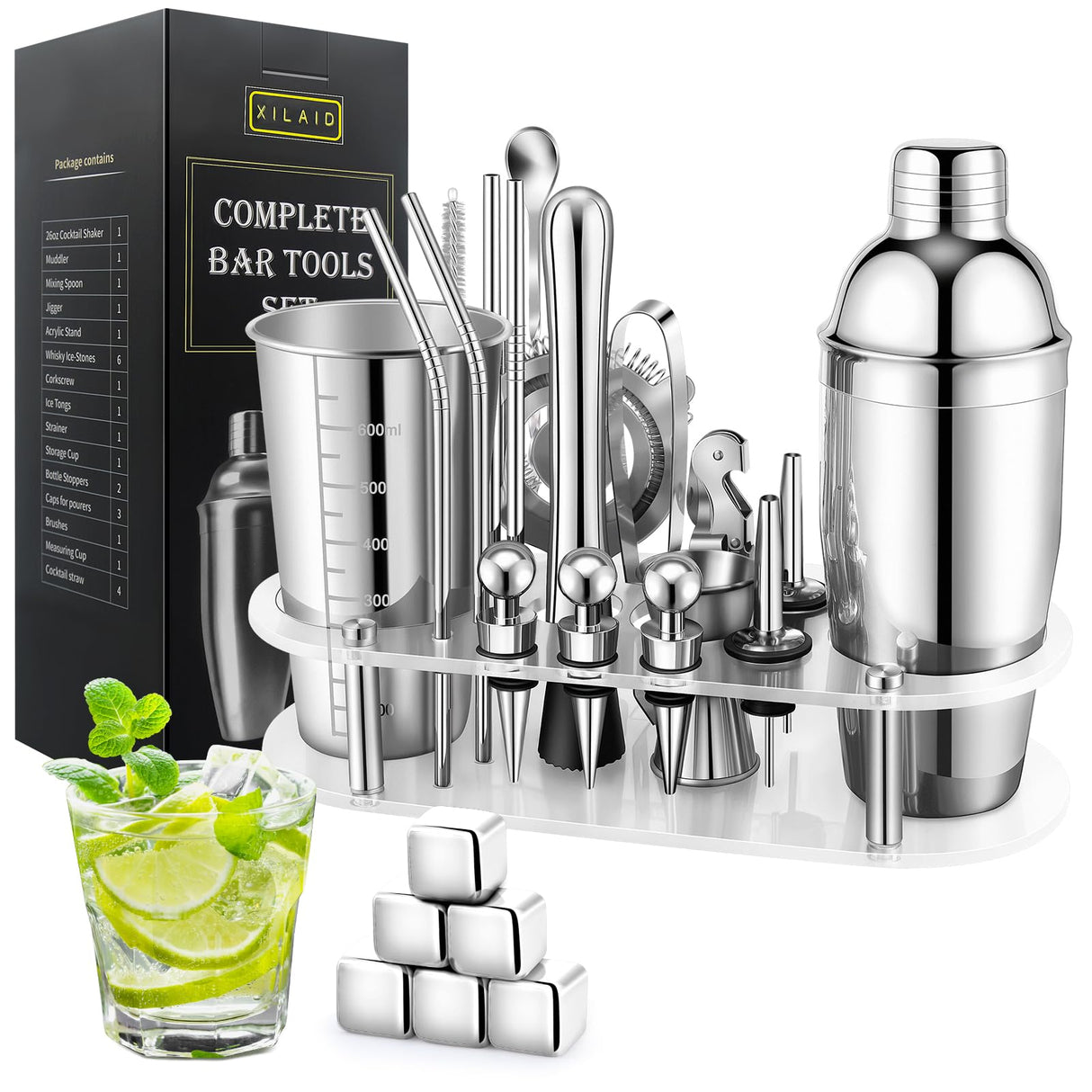 26 Piece Cocktail Shaker Bar Set, Stainless Steel Bartender Kit with Acrylic Stand