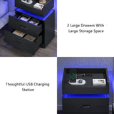 Black Nightstand with Charging Station, Night Stand with LED Lights, Modern Led End