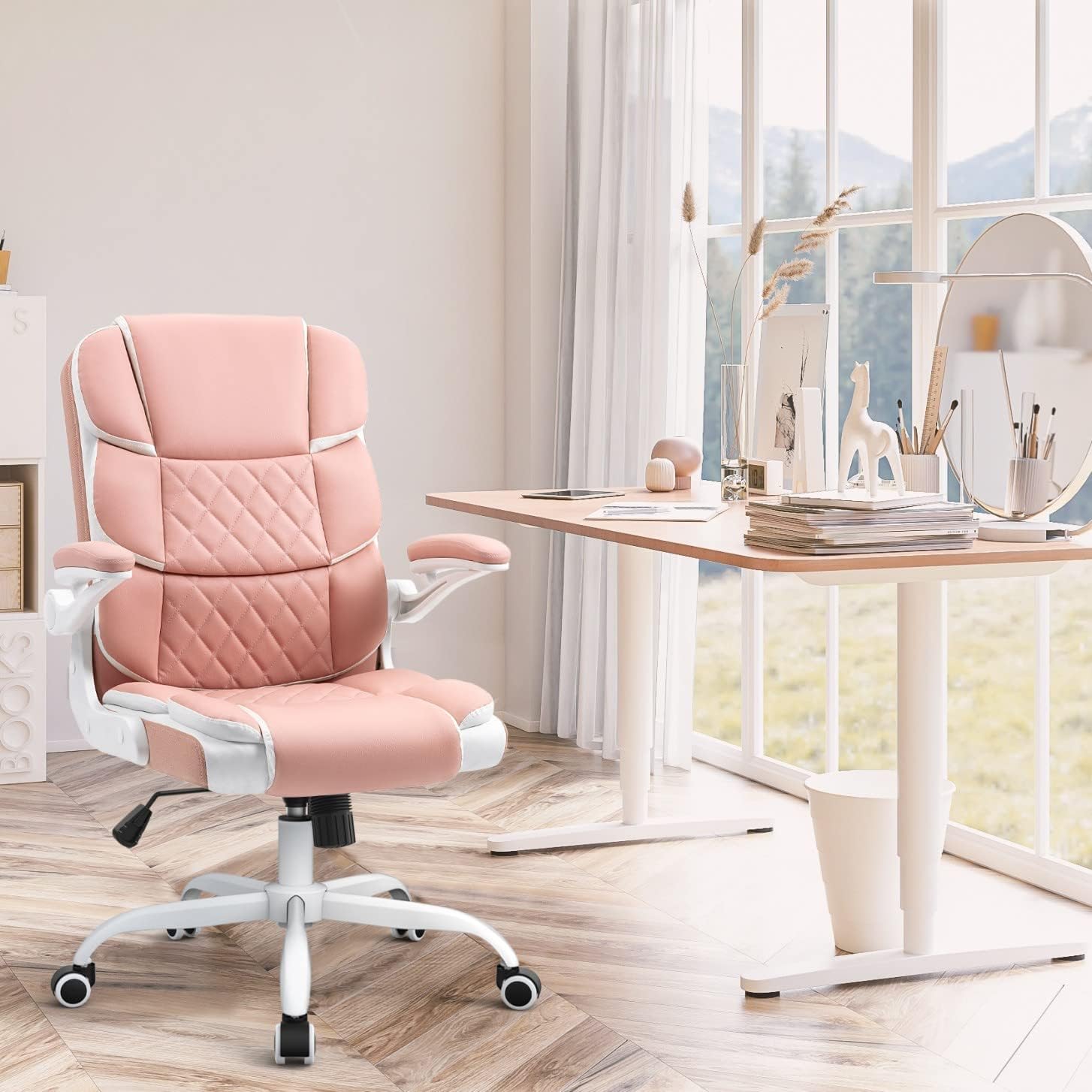 Ergonomic Office Chair Pink PU Leather Desk Chairs Computer Chair with Wheels