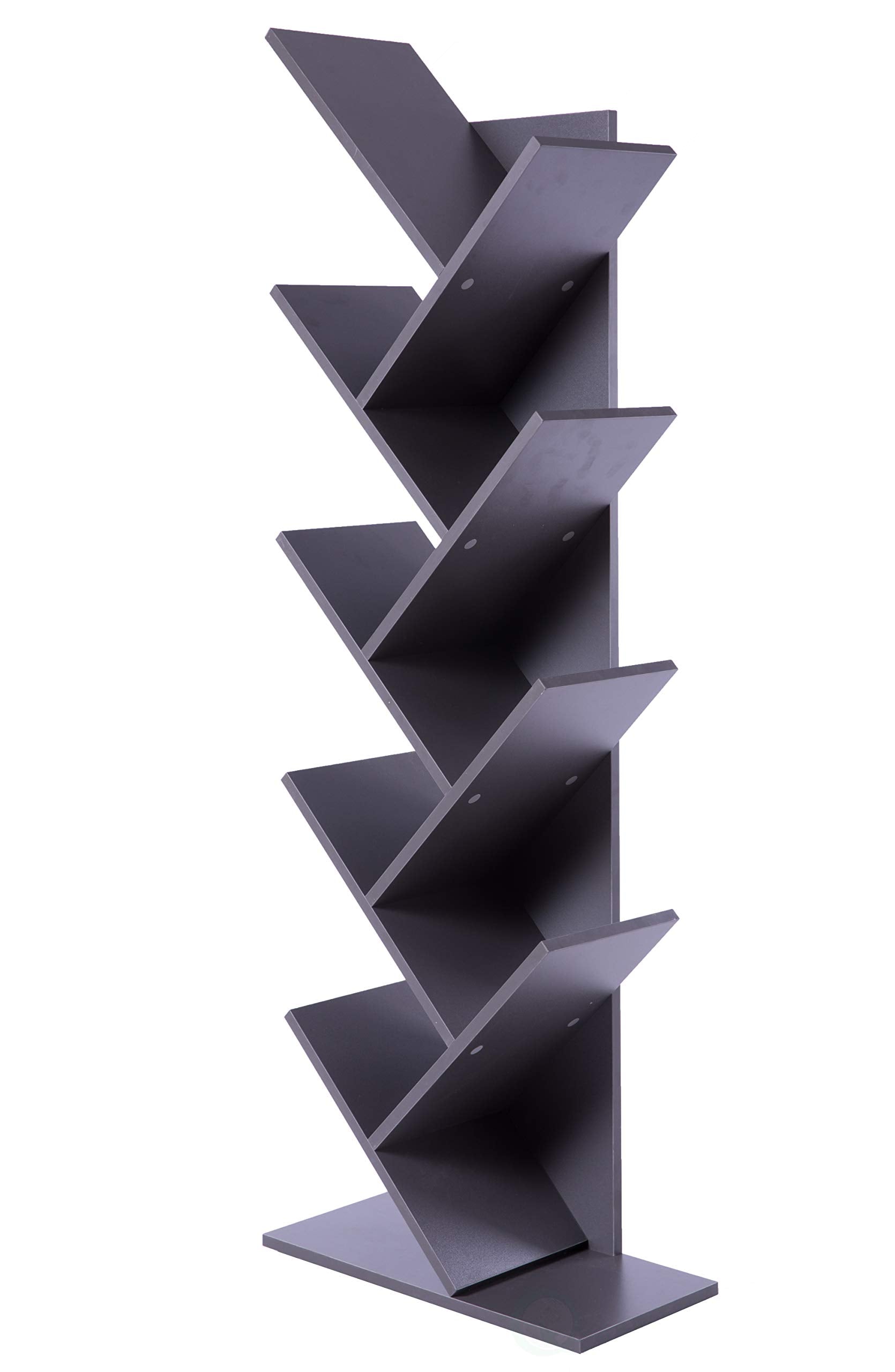 Basicwise Wooden 9-Shelf Tree Magazine CD Storage Bookcase, Gray