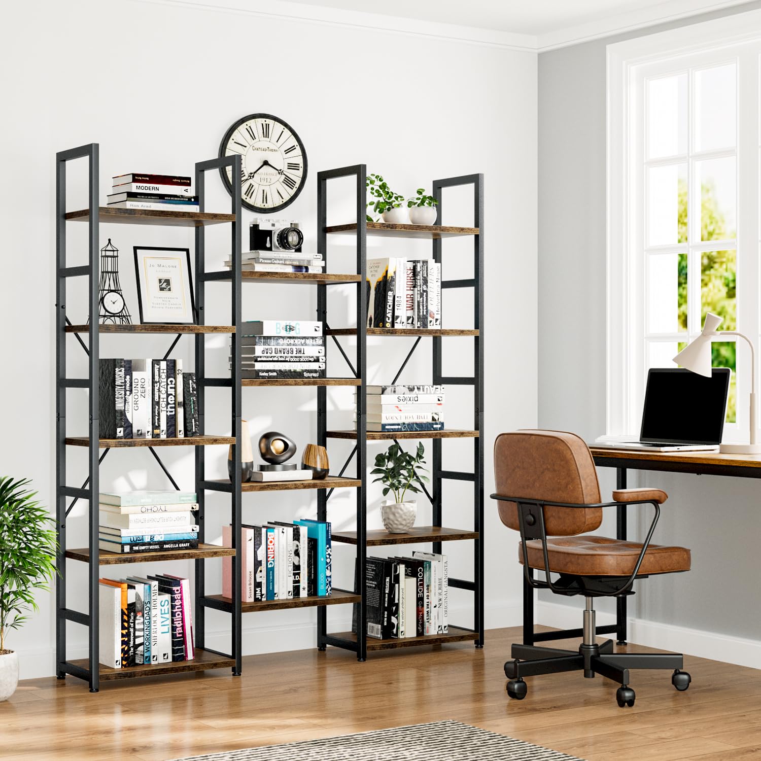 Triple Column 5 Tier Bookshelf, Bookcase with 14 Open Display Shelves, Adjustable Rustic Industrial Style Book Shelves, Modern Bookshelves for Bedroom, Living Room and Home Office, Vintage