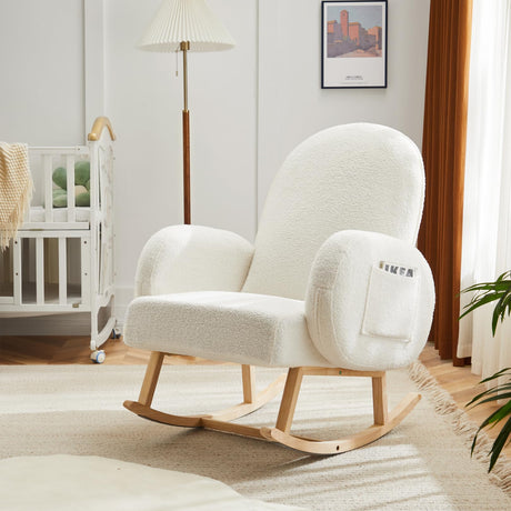 Upholstered Rocking Chair, Glider Chair with Side Pocket, Rocking Accent Chair with Rubber Wood Legs, Wooden Nursery Rocking Chair for Living Room, Bedroom, Nursery