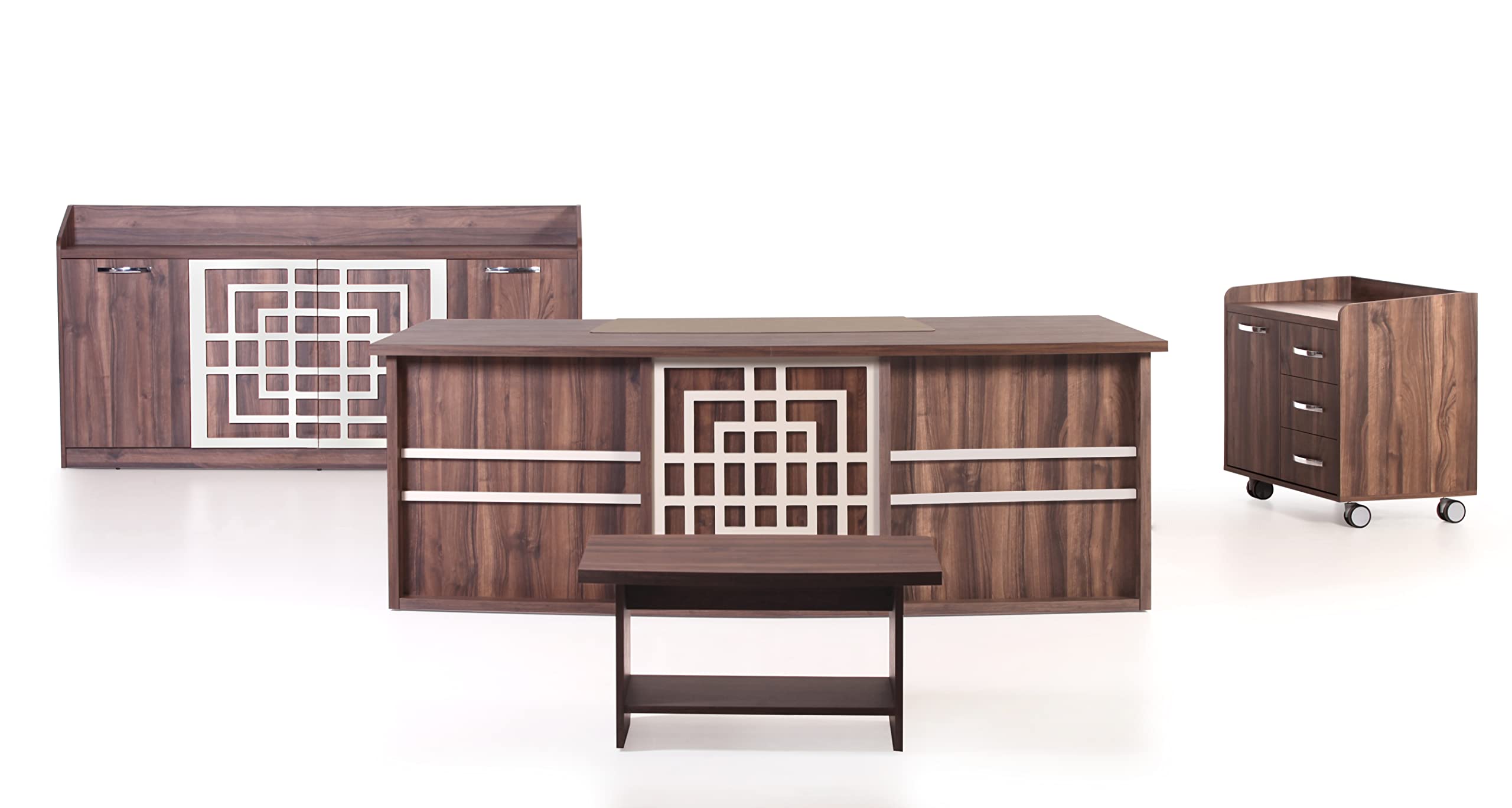 87" Wood Office Furniture Set of 4pcs | Executive Desk w/Leather Pad