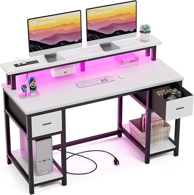 Computer Desk with 2 Drawers and Power Outlets,50 Inch Office Desk with 2 Monitor