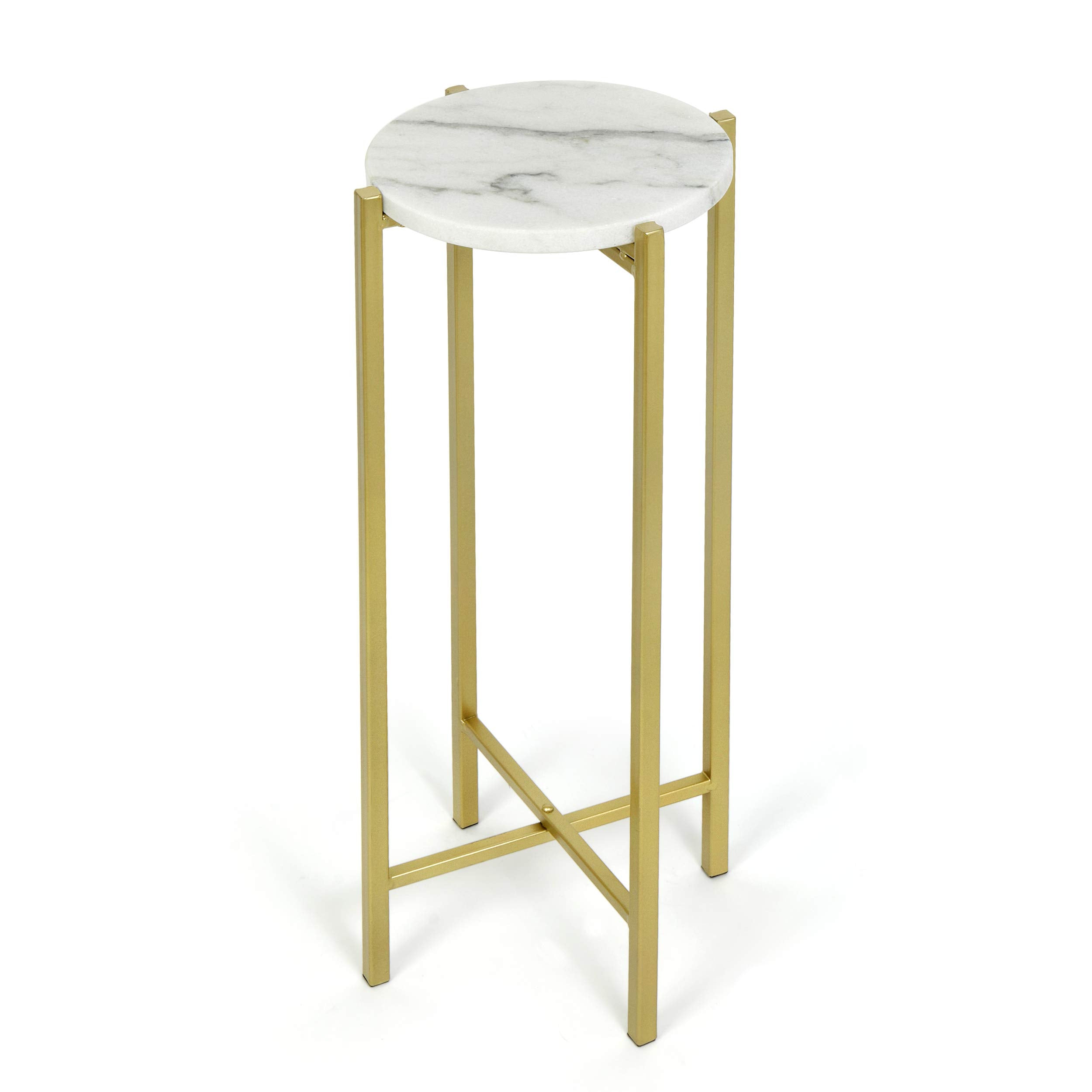 White Marble Collapsible Side Accent Drink Table with Gold Metal Legs, ‎8.5 in x 8.5 in x 22.5 in
