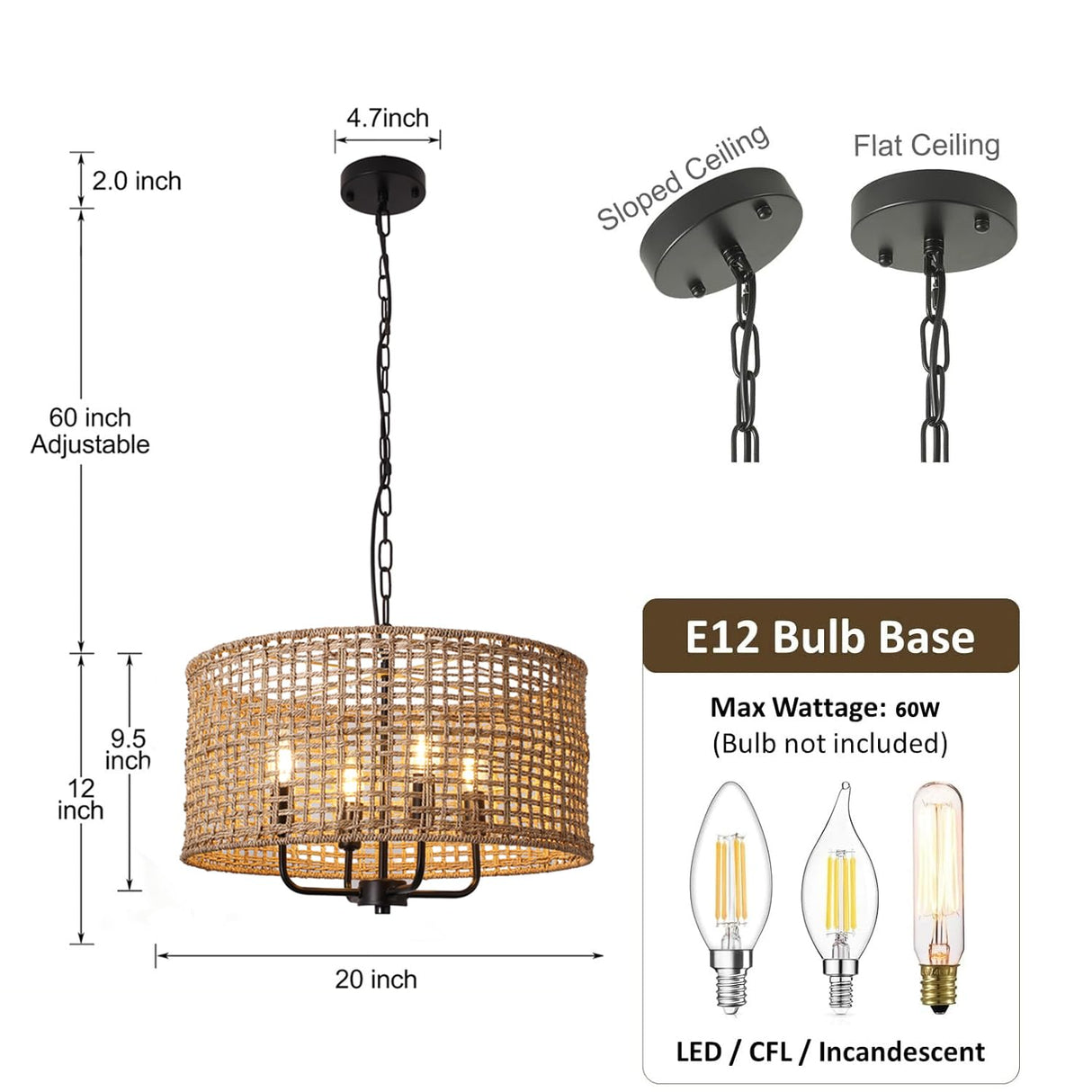 20in Rattan Chandelier 4-Light Wicker Boho Hand Woven Drum Shade Farmhouse