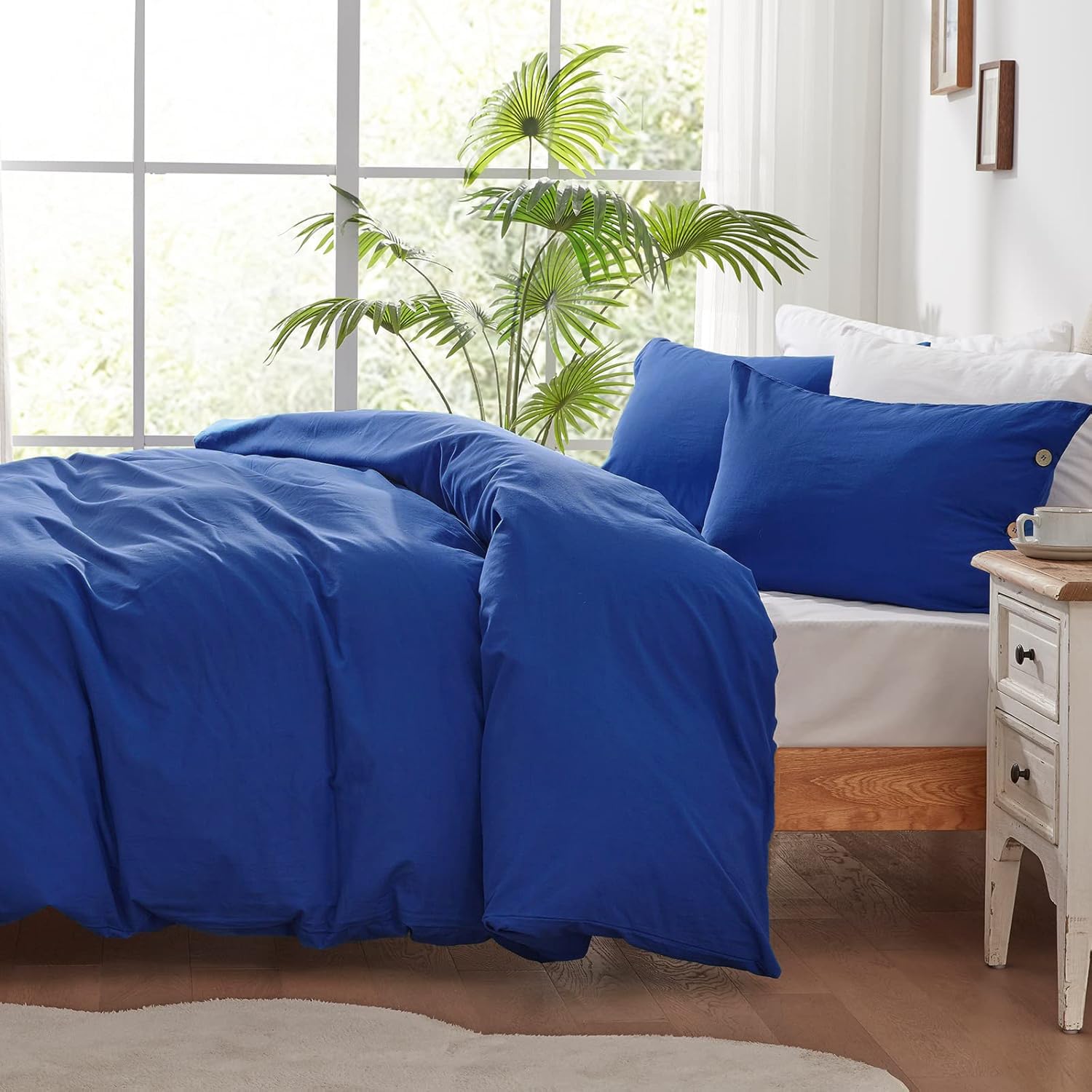 SunStyle Home 100% Cotton Duvet Cover Set Breathable Soft King Navy Blue Duvet Cover 3 Pieces Bedding Set with Buttons Closure Comforter Cover Set (1 Duvet Cover +2 Shams)