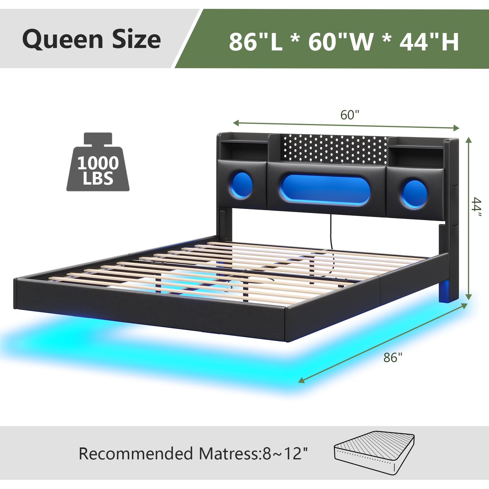 Floating Queen Bed Frame with LED Lights & Charging Station