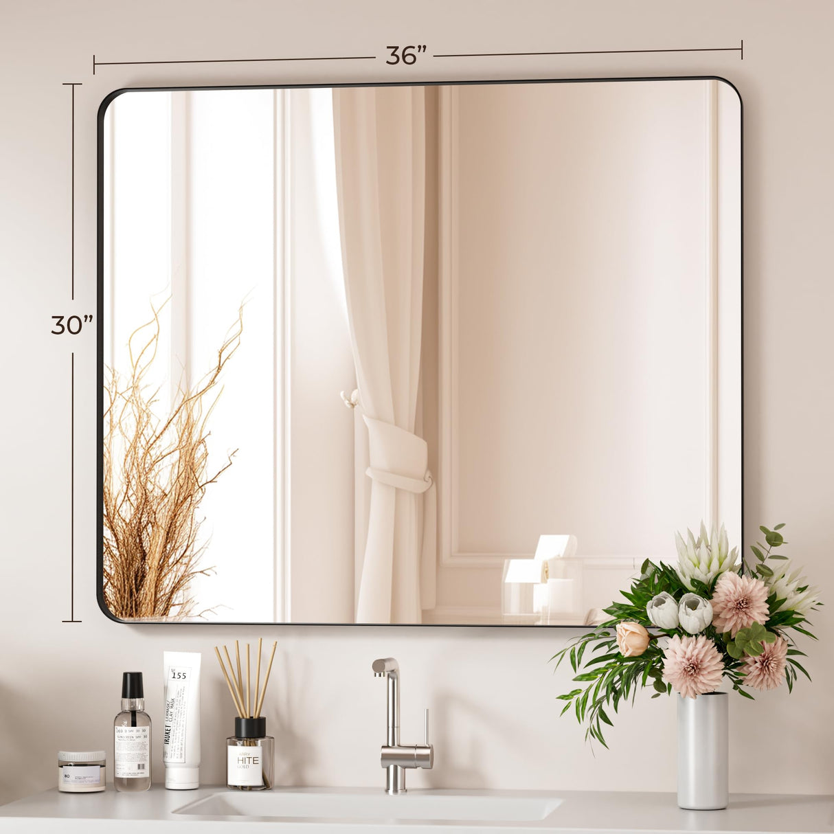 30x36 Black Bathroom Mirror - Metal Frame Vanity Wall Mirror
