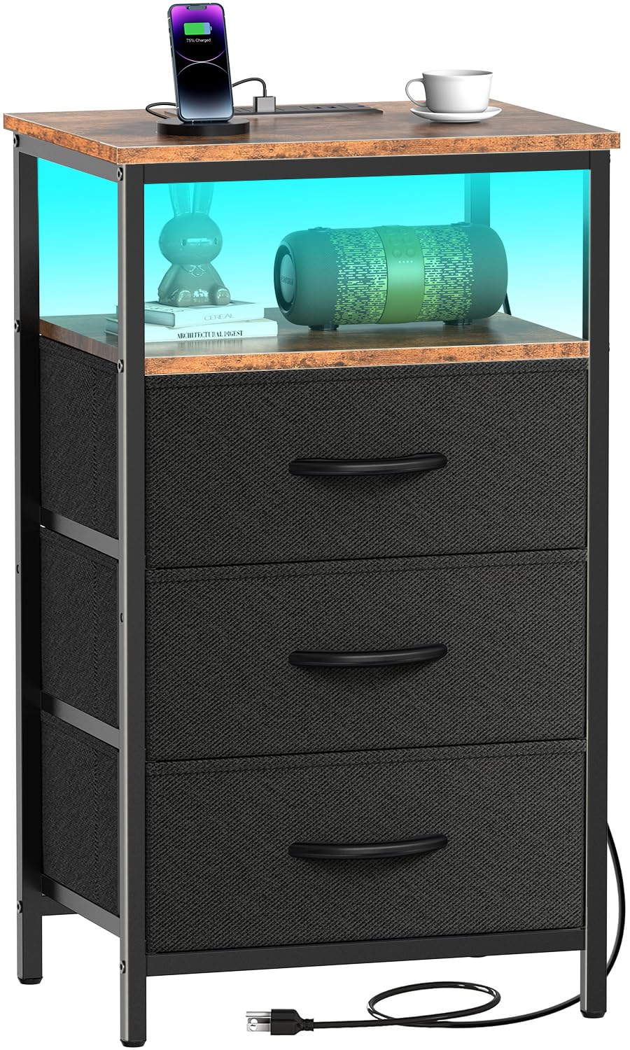 Nightstand with Charging Station, Bedside Table LED Night Stand