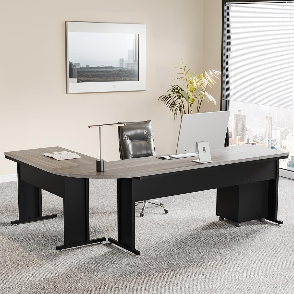 83 Inch L-Shaped Executive Desk with File Cabinet, Large L Shape Computer Desk