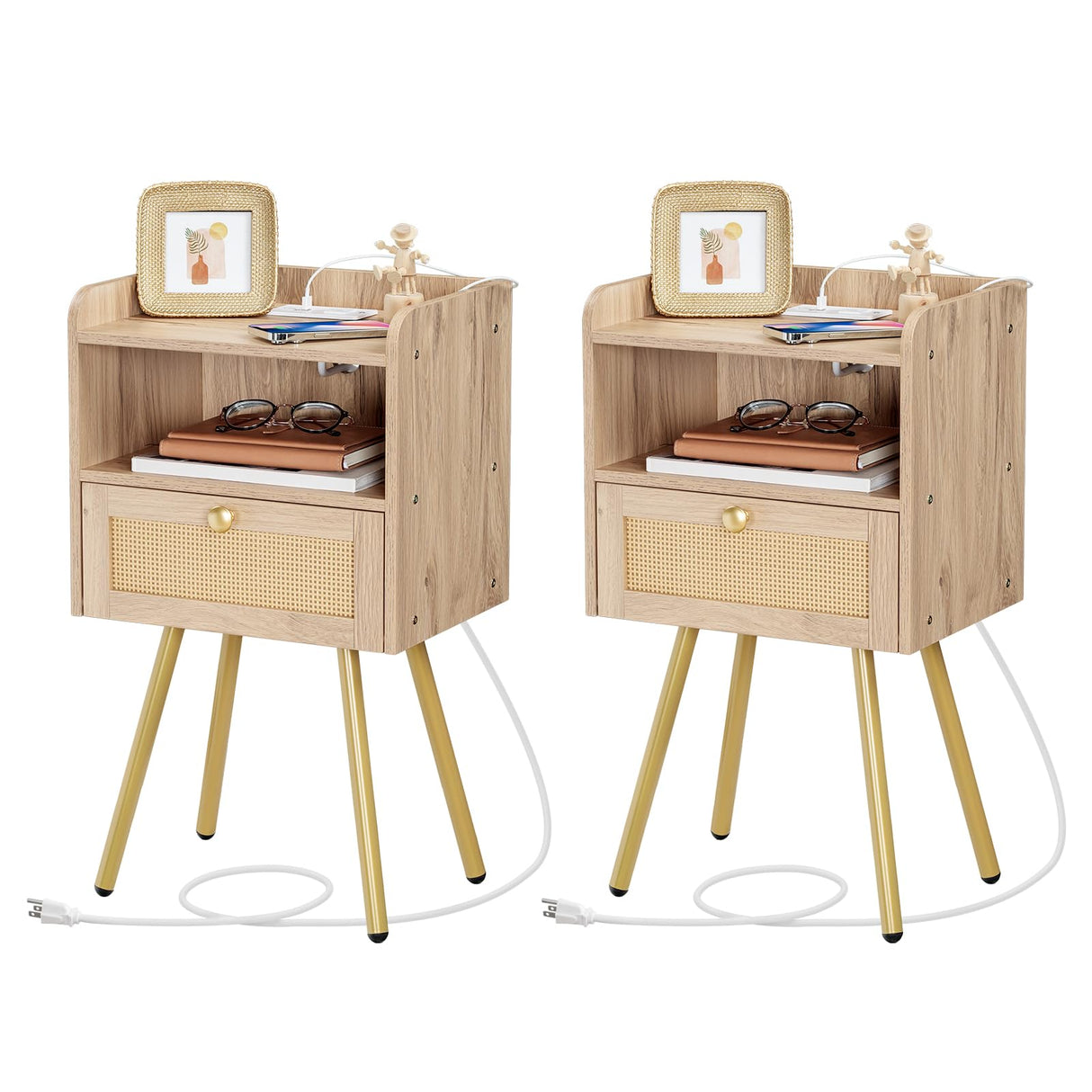 Nightstand with Charging Station, Set of 2, Side Table with Rattan-Like Decor