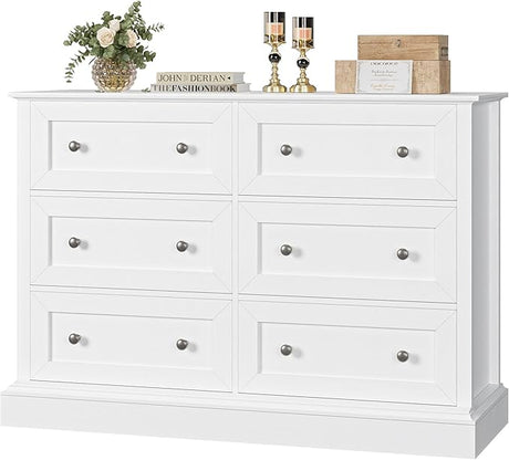 Modern 6 Drawer Double Dresser, White Dresser Wood Dresser, Wide Chest of Drawers