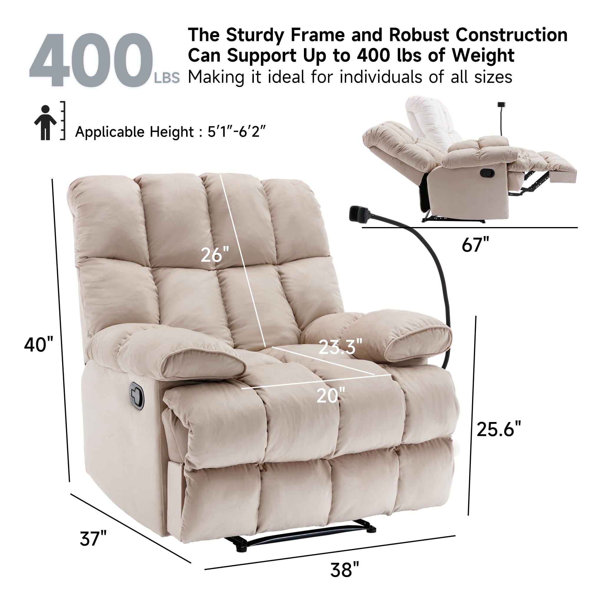 MaxiPlush Oversized Velvet Recliner Chair – Big & Tall Manual Recliner
