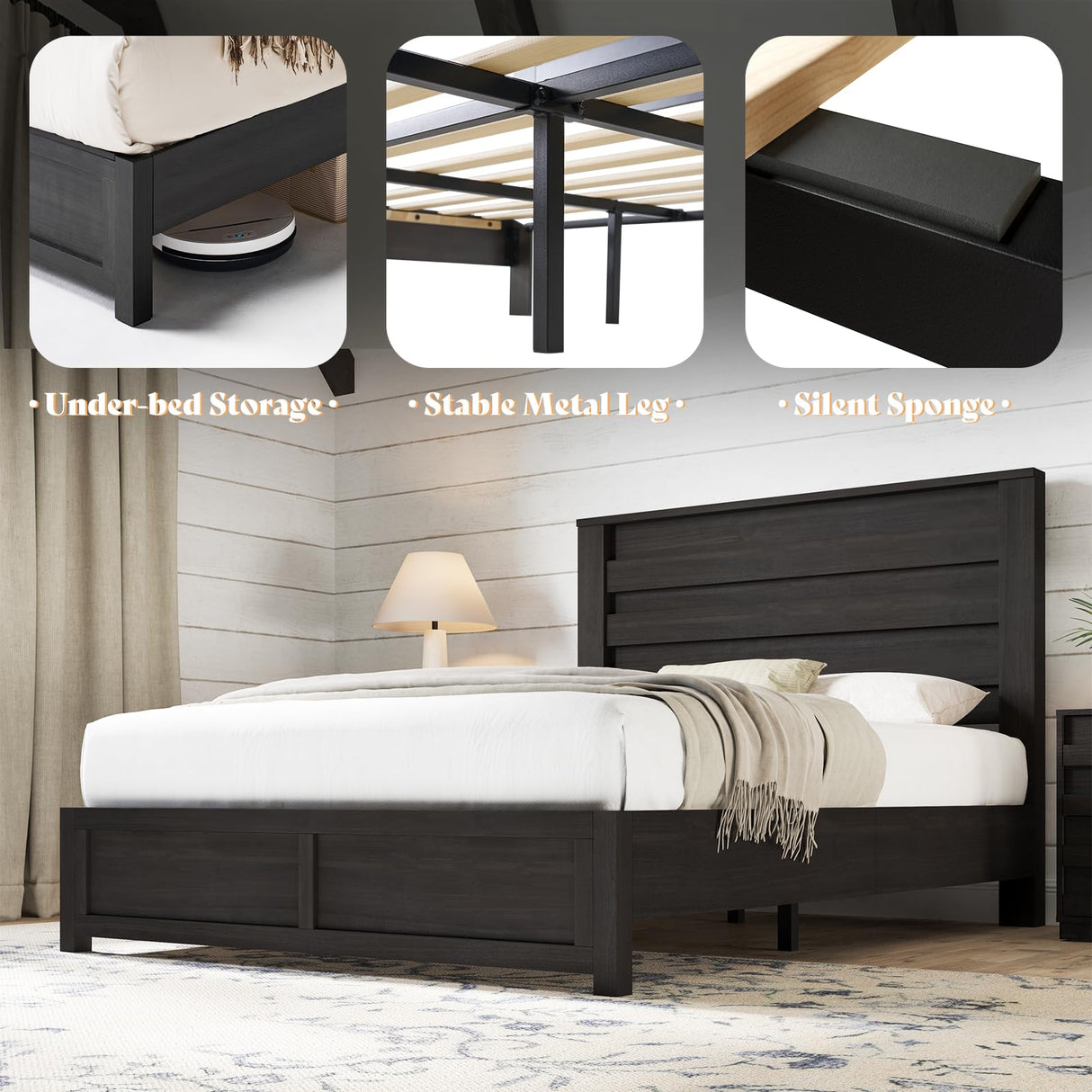 AMERLIFE Farmhouse Full Size Bed Frame with 49" Fluted Headboard, Platform Bed with Natural Wood Grain, No Box Spring Needed/Noise Free, Black