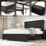 AMERLIFE Farmhouse Full Size Bed Frame with 49" Fluted Headboard, Platform Bed with Natural Wood Grain, No Box Spring Needed/Noise Free, Black