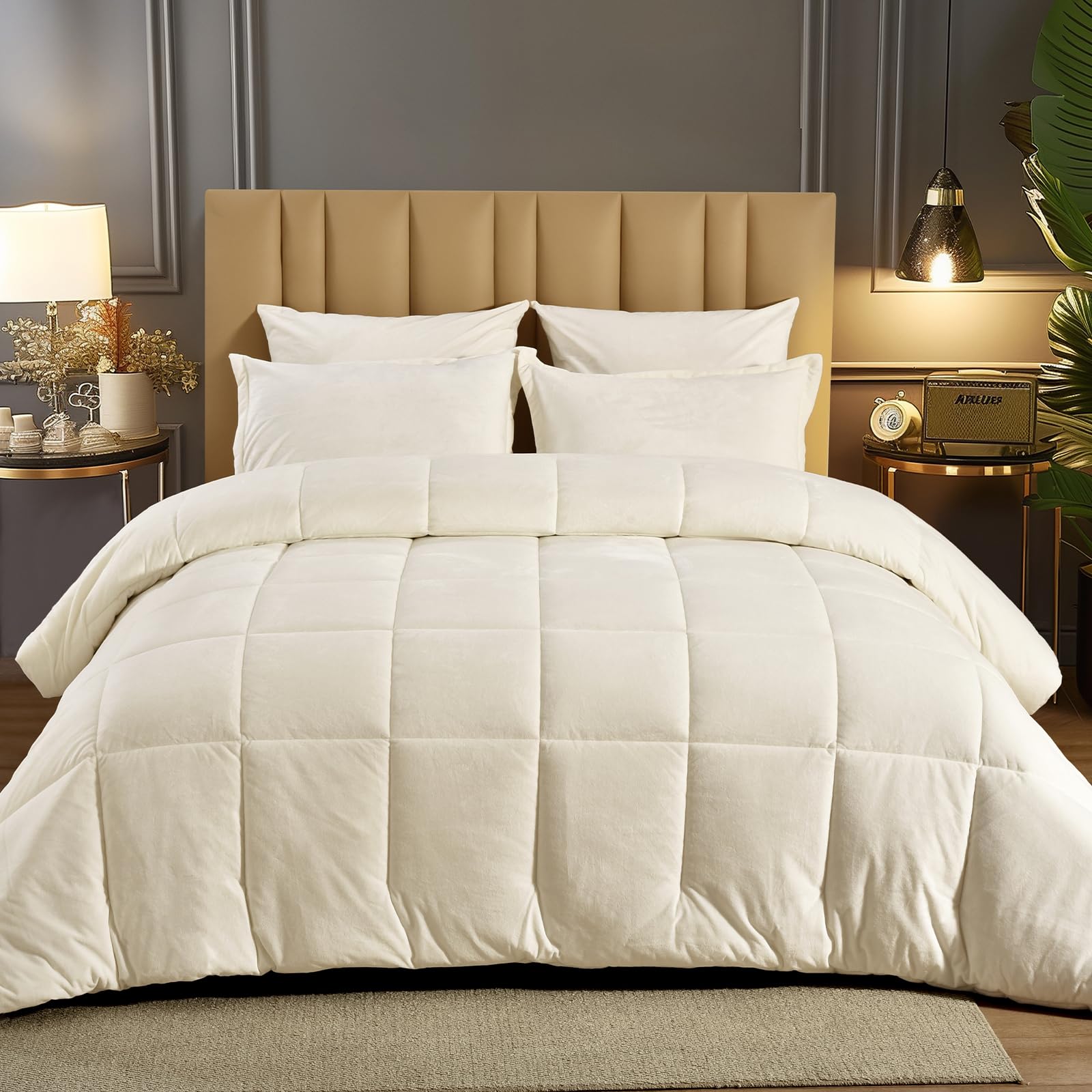 Double-Sided Velvet Comforter Set Queen Size, 5 Piece Soft Luxury Winter Warm Bedding