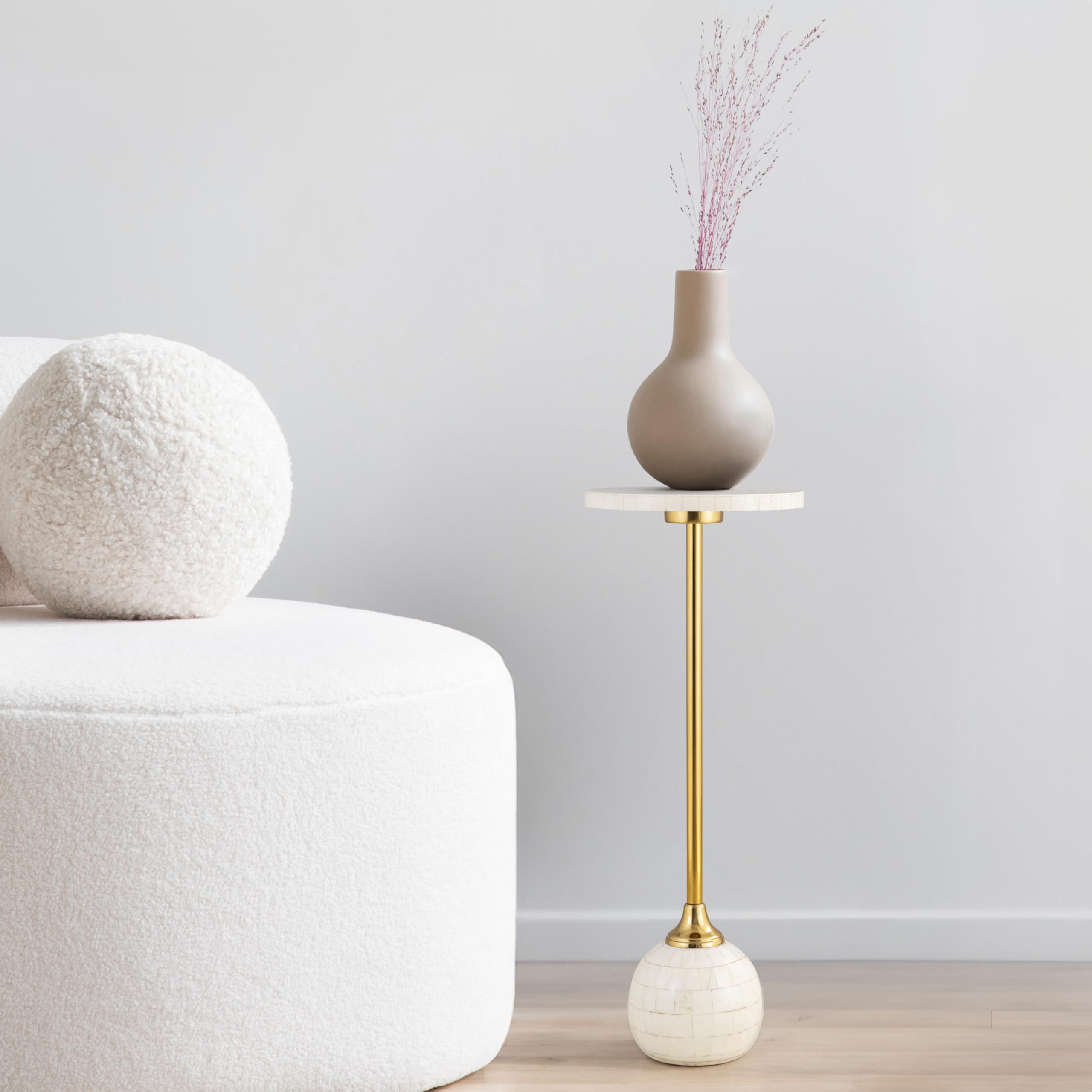 Evelyn 26" Modern Glam Metal/Resin Mosaic Pedestal Drink Table, Cream/Gold