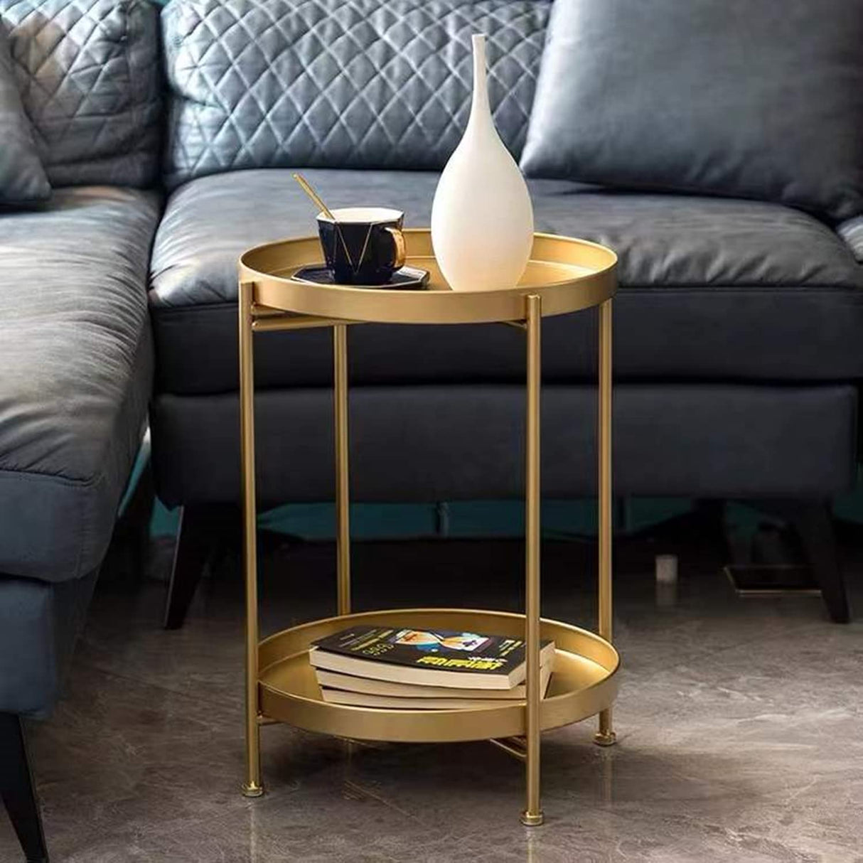 Side Table 2-Tier Metal Round End Table with Removable Tray (2-Tier Gold)